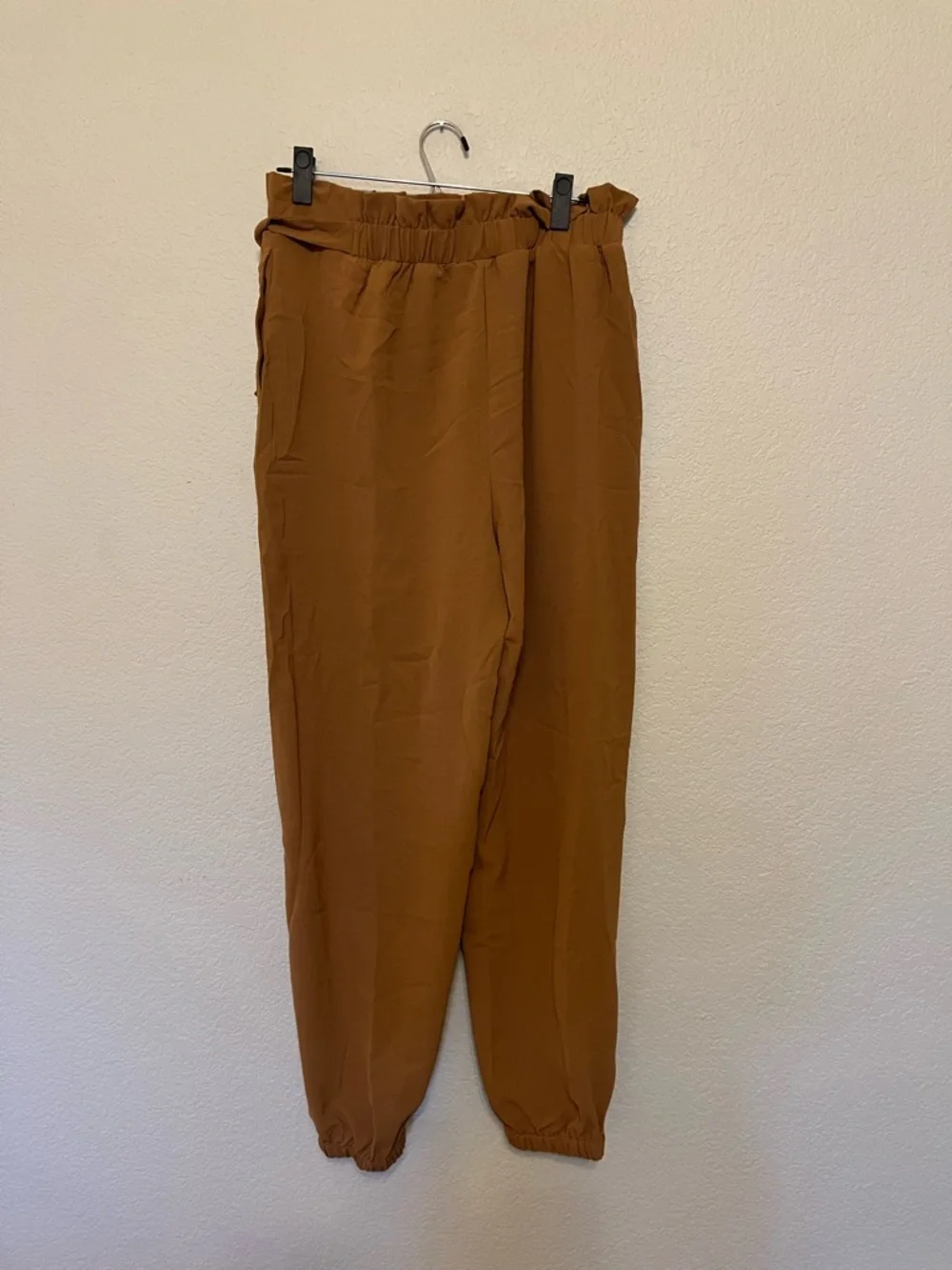 NWT Cupshe Brown Elastic Pants Side Bow-Knot Tie Tapered Legs Size Large